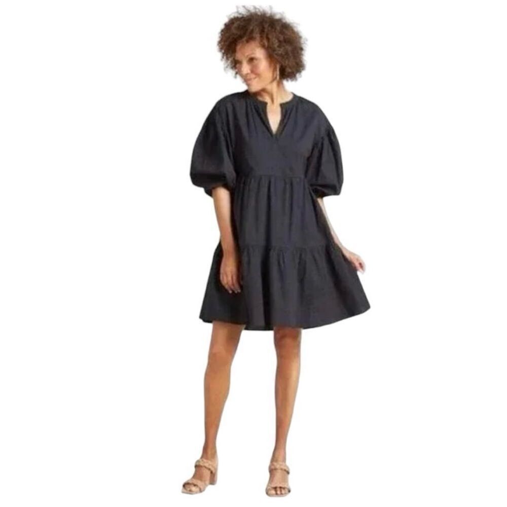 SUNDRY The Anywhere Dress Women's 3 Tiered Puff Sleeve Black Cottagecore Evereve